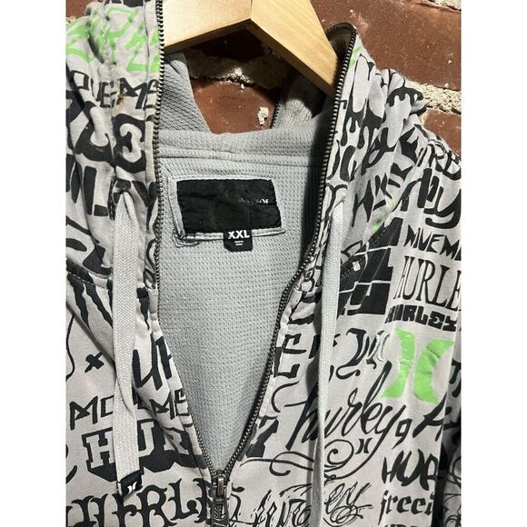 Vintage Y2K Hurley Full Zip AOP Hoodie Gray Green 2XL - Picture 2 of 3